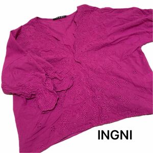 INGNI チュニック　 カットソー トップス レース　コットン100% 紫　濃ピンク　花柄　ふりふり Vネック　イング