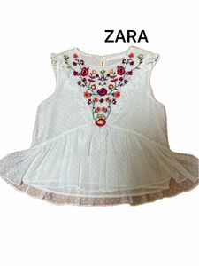 ZARA ノースリーブ 白 レース　花　刺繍　襟　フリル　後襟