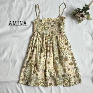 美品 AMINA アミナ チュニック キャミソール 花柄 総柄 インド製 F キャミワンピース