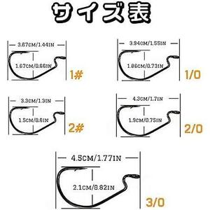 2#1#1/02/03/0合計50個セット Piscorush オフセットフックセット バス釣り ワームフック 釣り針 ワイドゲイプ 高靭性 太軸 ロックフィッシ