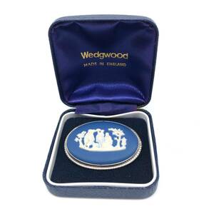 【長期保管品】WEDGWOOD ウェッジウッド ブローチ ジャスパーブルー 約4.1cm×2.9cm イギリス製 ケース付き（管15346）