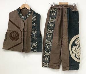 [ old clothes ] Japanese clothes remake top and bottom setup tops sleeveless shirt wide pants kimono house . peace pattern Brown #0513M②