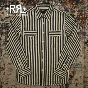 【逸品】 RRL Striped Twill Work Shirt 【M】 ストライプ ツイル ワークシャツ 肉厚 チンストラップ デニム 総柄 Ralph Lauren 猫目ボタン
