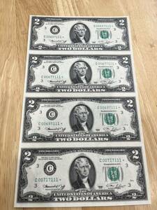 《希少》《レア》幻の２ドル札　２ドル紙幣　２ドル札　未裁断　４枚綴り　幸運の紙幣　アメリカ紙幣