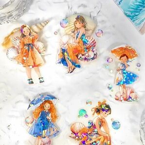 夏の女の子シリーズ 海外シール PETシール フレークシール 手帳デコ コラージュ素材 6種類