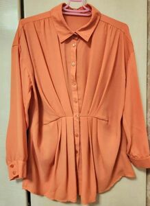 【美品】長袖 ブラウス シフォン素材 オレンジ とろみ 透け感 薄手 長袖シャツ 開襟 薄い