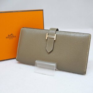 USED品・保管品 HERMES エルメス 二つ折り長財布 ベアンスフレ ブラウンベージュ系 シルバー金具 □R刻印 2014年 レザー 外箱付き