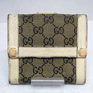 定型外送料無料 USED品・保管品 GUCCI グッチ 154117 GGキャンバス/レザー Wホック 折り財布 ベージュ×ホワイト ダメージ・劣化大