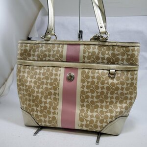 USED品・保管品 COACH コーチ F15137 トートバッグ ベージュ/ホワイト/ピンク/シルバー金具 シグネチャー PVC ダメージ多