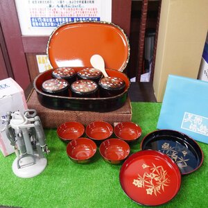 ★3点セット USED品・保管品 【HYAKUSEN 漆器 お盆 汁椀 5客セット】 【美術漆器 丸盆 2枚セット】 【BENEX キッチングッズセット】