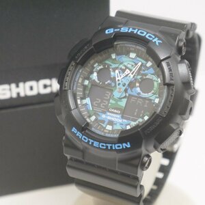 未使用クラス・保管品 CASIO カシオ G-SHOCK GA-100CB-1AJF アナデジ 腕時計 クォーツ ブラック ブルー系迷彩柄文字盤 5081 ケース付き