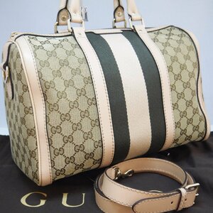 送料無料 USED品・美品 GUCCI グッチ 247205 GGキャンバス 2way ボストンバッグ ショルダーバッグ ベージュ系 ゴールド金具 保存袋付き