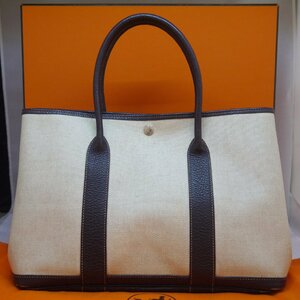 USED品・保管品 HERMES エルメス ガーデンパーティ ハンドバッグ PVCコーティング/レザー ベージュ系 □F刻印 2002年製 外箱/保存袋付