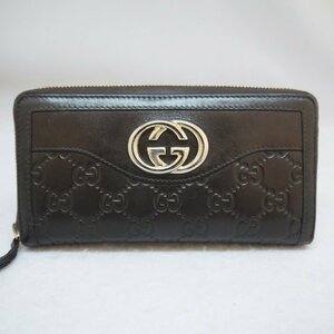 定型外送料無料 USED品・保管品 GUCCI グッチ 308012 インターロッキングG ラウンドファスナー 長財布 シマレザー GG柄 ブラウン系