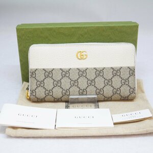 USED美品・保管品 GUCCI グッチ 456117 GGスプリーム ラウンドファスナー長財布 ホワイト系×ベージュ系 ゴールド金具 箱/保存袋付