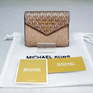 定型外送料無料 USED品・保管品 MICHAEL KORS マイケルコース 3つ折り財布 MK柄 ピンク系 冊子/保存袋付き