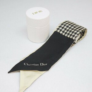 USED品・保管品 Christian Dior クリスチャンディオール ミッツァ ツイリー 千鳥格子柄 スカーフ シルク100％ ブラック×ベージュ系 箱付き