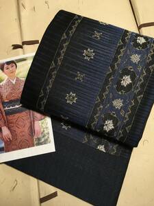 [ reference retail price 38.9 ten thousand jpy ] beautiful ki mono chronicle pattern! special selection west . woven . woven double-woven obi navy blue impression .. design! single .. summer thing . especially recommendation!