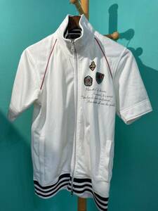 ジャージ生地　フルジップUP 半袖シャツ　サイズ48 Lサイズ相当　古着中古品　美品　白色　ＢＭＷ ホワイト　これからの時期に最適です