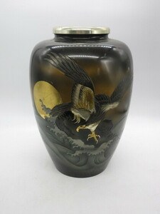  Showa era 30 period made copper product copper vase [ copper made gold silver .. wave interval . sho hawk ]22xh31.5.