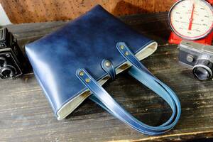 ** Italy production navy blue cow leather a two wheels leather tote bag author handmade * original leather blue dark blue made in Japan canvas bag hand made 