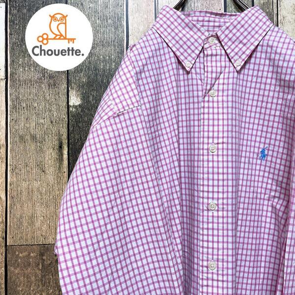 《90年代当時物》ラルフローレン Ralph Lauren☆長袖BDシャツ 2XL 刺繍ロゴ ポニーロゴ ギンガムチェック柄 CLASSIC FIT 90's ピンク hs618