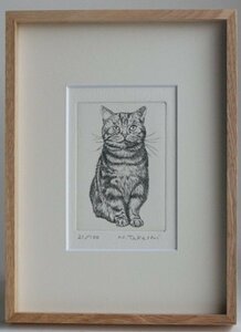 前向きな猫/銅版画・エッチング/新品、額あり