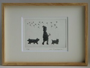 少女と猫とたんぽぽ/銅版画・エッチング/新品、額あり