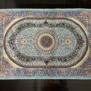【アウトレット大特価】イラン製　クムバンブー　玄関マット　90×60　シルク　青　バンブーシルク　ペルシャ絨毯　エスニック　アジアン