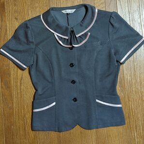 事務服　オーバーブラウス　半袖　黒　ストライプ　リボン　7号　中古