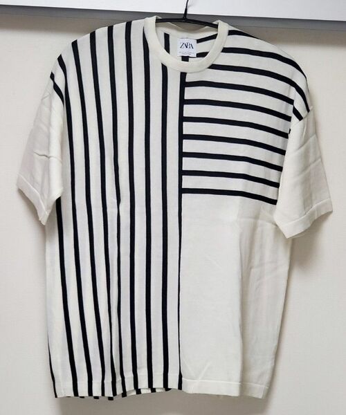 ストライプTシャツ　白×黒　Mサイズ　アシンメトリー　ザラ　ZARA