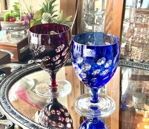 【未使用】 NARUMI 切子グラス ペアグラス ワイングラス 赤 青 コップ グラスワークス 楕円模様 グラス 
