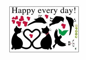 ウォールステッカー 猫 鳥 ハート ラブ 壁紙 猫ステッカー DIYシール ウォールペーパー wall sticker 英文「Happy every day!」WSCAT5670