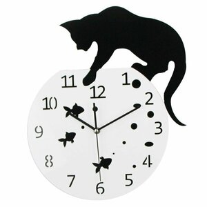 DIY掛け時計 黒猫と金魚のデザイン壁時計 可愛い おしゃれ アンティーク モダン ウォールクロック アクリル素材 インテリア FUNLIFE001