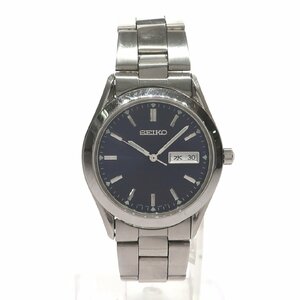 1円スタート 稼働品 SEIKO セイコー メンズ 腕時計 7N43-9080 デイデイト クォーツ ラウンド 3針 純正ベルト シルバー ネイビー文字盤