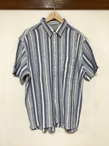 ふ1378 L.L.Bean COOL WEAVE エルエルビーン ストライプ 半袖シャツ LG ホワイト/ライトブルー 