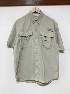 ほ1363 Columbia PFG コロンビア ナイロン半袖シャツ ワークシャツ アウトドアシャツ S ベージュ BAHAMA 