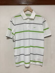 ま1368 NIKE GOLF ナイキゴルフ ボーダー メッシュ半袖ポロシャツ M ホワイト/ライトグリーン/グレー ロゴ刺繍 ドライ 速乾 DRI-FIT 