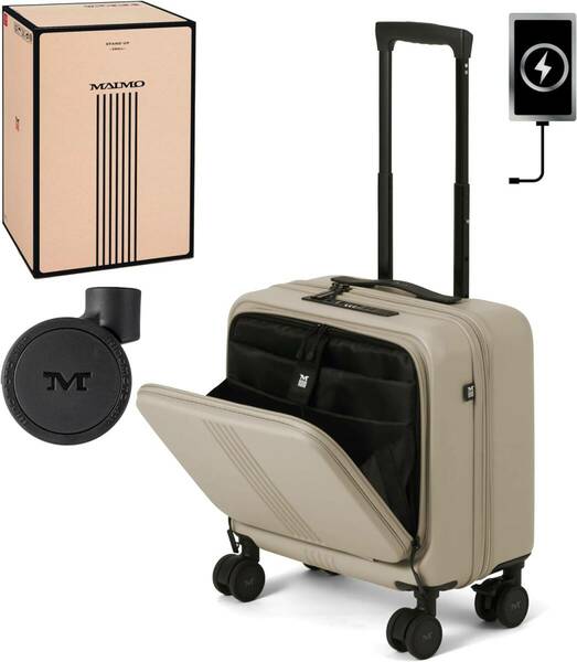[MAIMO] スーツケース 機内持ち込み SSサイズ ベージュ 28L 2.85kg 日本企業 フロントオープン 静音 HINOMOTO 大容量 耐衝撃 頑丈