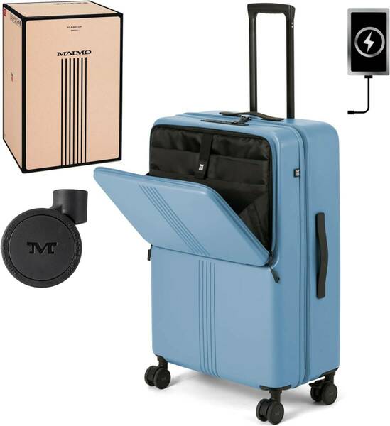 【期間限定セール】[MAIMO] スーツケース Lサイズ ブルー 大型 88L 4.8kg 日本企業 フロントオープン 静音 HINOMOTO 大容量 耐衝撃 頑丈