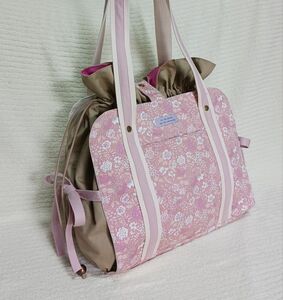 リボン付きハンモック巾着バッグ　８ポケット　ピンク×ベージュ　花柄　くすみカラー
