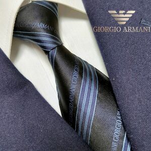 ジョルジオアルマーニ ネクタイ ストライプ ロゴグラム 高級シルク ビジネス 紺