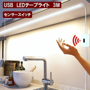 LEDテープライト ハンドセンサー 3M USB式 防水 昼光色 簡単設置 間接照明 玄関 室内 SSW-3M-D