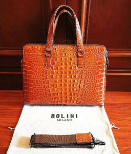  top class excellent article 20 ten thousand * Italy * milano departure *BOLINI/bolini* highest grade cow leather * crocodile * business bag / briefcase * yellow 