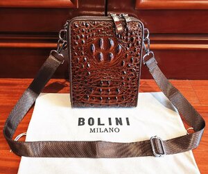  excellent article *16 ten thousand * Italy * milano departure *BOLINI/bolini* highest grade cow leather * crocodile * shoulder bag / rucksack * tea color 