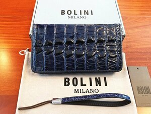 最高峰逸品*イタリア製※定価18万◆イタリア・ミラノ発*BOLINI/ボリニ・最上級牛革・クロコダイル*ラウンドファスナー 長財布・紺