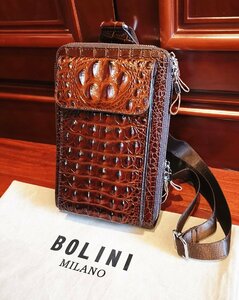  highest grade excellent article *18 ten thousand * Italy * milano departure *BOLINI/bolini* highest grade cow leather * crocodile * shoulder bag / rucksack * tea color 