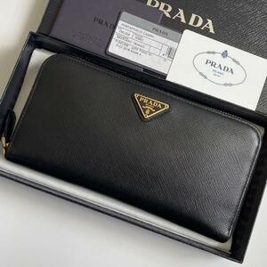 【極美品★付属品完備】PRADA プラダ 長財布 ラウンドファスナー サフィアーノレザー 三角ロゴ トライアングル ラウンドジップ 黒 1ML506