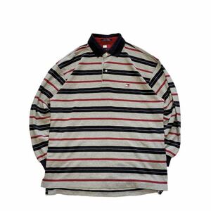 【90s】 TOMMY HILFIGER トミーヒルフィガー 長袖 ポロシャツ ラガーシャツ メンズ L グレー/灰 ボーダー コットン ビンテージ 古着 USED