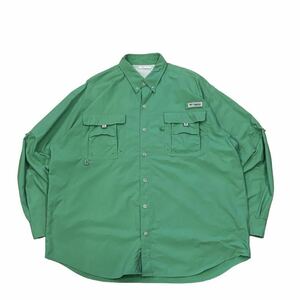 【Columbia】 コロンビア PFG ボタンダウン 長袖シャツ メンズ L 緑/グリーン アウトドア フィッシング キャンプ 無地 ナイロン 古着 USED